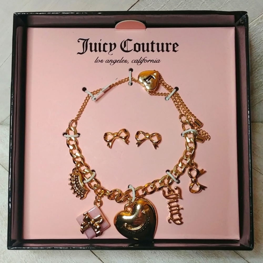 NWT Juicy Couture Adjustable Bracelet and Bow Stud Earring Set